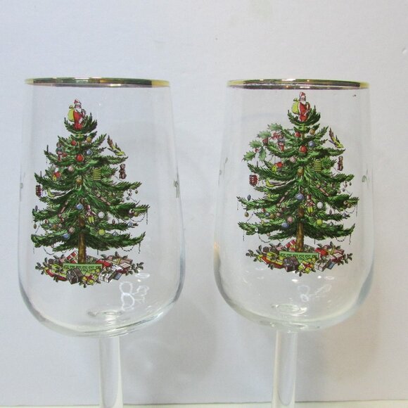 pair of Spode Christmas tree wine glasses made in France barware - Picture 2 of 7